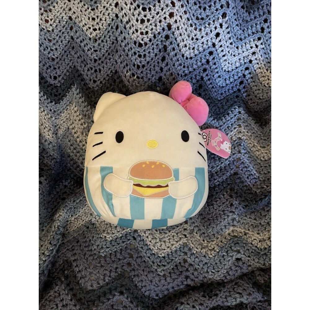 NWT Squishmallow 10" Hello Kitty Holding Burger Pink Bow Blue and White Stripes